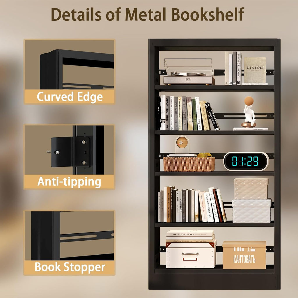 71"H Metal Bookshelf, 5 Tier Bookcase with Adjustable Shelves, Tall Bookcase,Heavy Duty Storage Bookshelves for Library, Office, Bedroom, Living Room, Classroom, Including Book Stopper (Black)