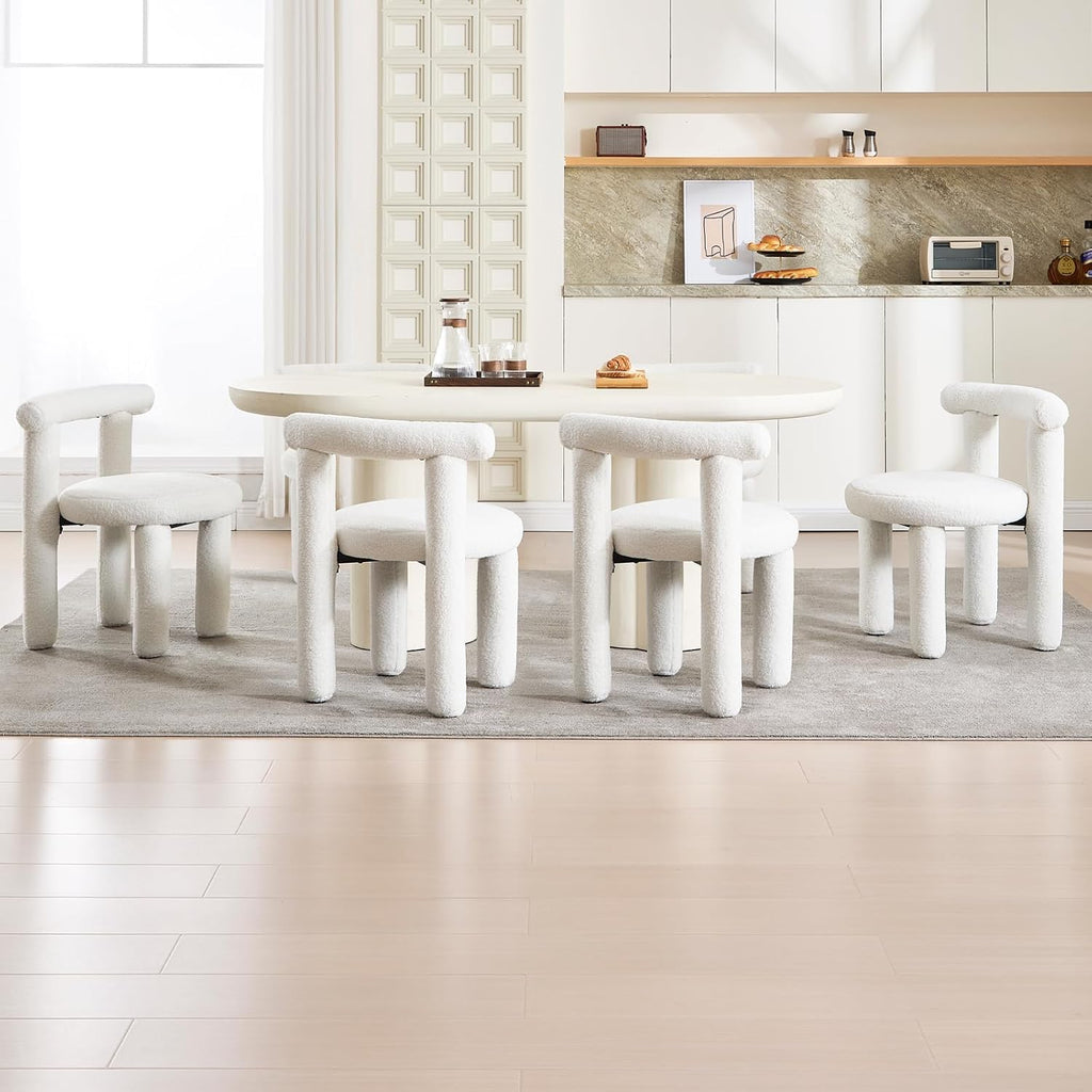 Sherpa Dining Chairs Set of 2, Comfy Boucle Fabric Dining Chairs, Upholstered Modern Kitchen Chairs with Backrest, Armless Accent Side Chair for Bedroom/Living Room, White