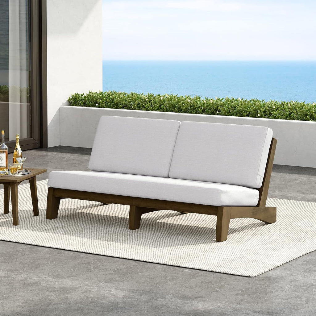 Outdoor Furniture Patio Couch, Weather Resistant 3-Seater Patio Sofa with Removable Cushion, Teak Wood Frame for Porch & Backyard Seating - Beige