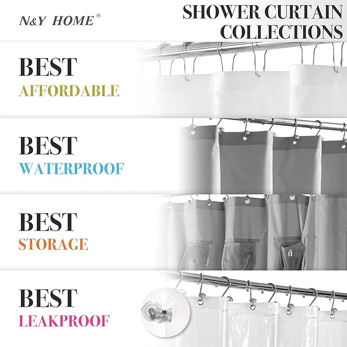 N&Y HOME Extra Long Waffle Weave Shower Curtain with Snap-in Fabric Liner Set, 12 White Hooks Included - 71" x 84", Hotel Style & Mesh Top, Machine Washable & Water-Repellent - 71x84, White