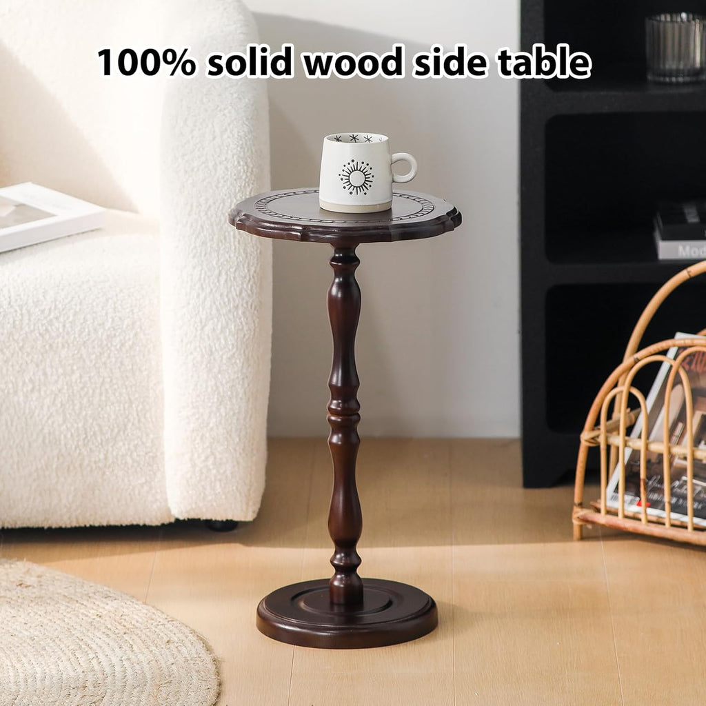 100% Solid Wood Round Side Table, Small Drink Table for Small Spaces, Modern End Table Accent Nightstand for Bedroom, Living Room, Corners and Office, Brown