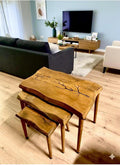SODEF Handmade Walnut Wood Nesting Side Table Set of 3, Retro Style, Wood Grain, Largest Table 24.4 x 13.4 x 21.7 in, Unique Asymmetrical Design - Brown