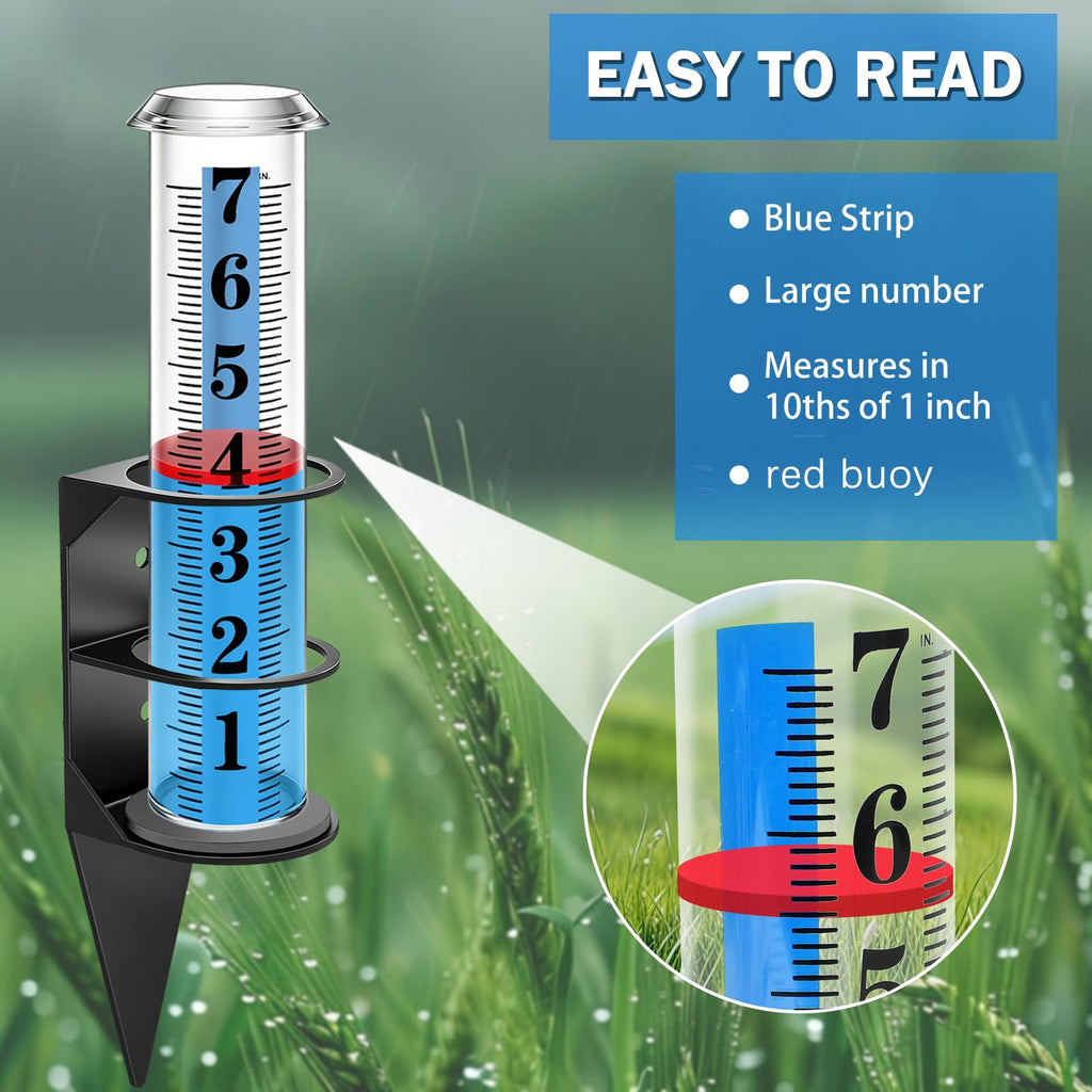WondMall Rain Gauge Outdoor,7" Rain Gauges Outdoors Best Rated with Metal Rack Holder, Rain Measure Gauge, Easy to Read with Red Float, Large Font Plastic Replacement Tube for Yard Garden