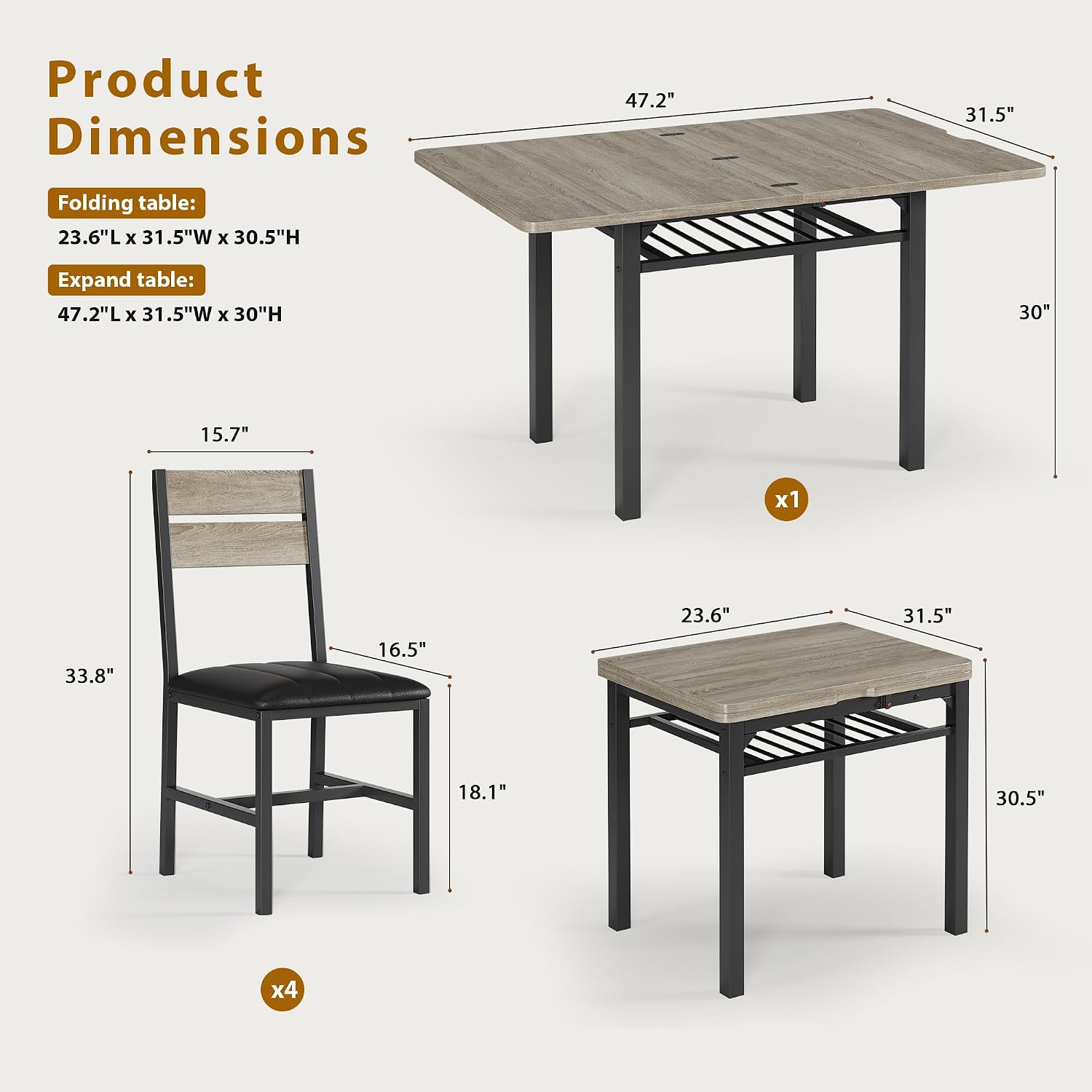 MapleGrace Extendable Dining Table Set for 4 with Storage Rack, 5-Piece Kitchen Table with 4 Upholstered Chairs, Metal Frame & MDF Board, Space-Saving for Small Apartment, Gray