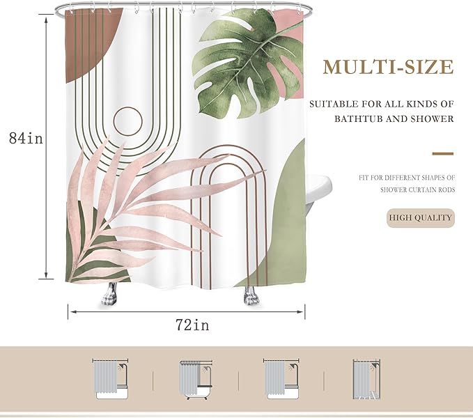 Glawry Abstract Tropical Shower Curtain Extra Long Chic Boho Plant Palm Leaf Watercolor Pink Green Simple Minimalist Bathroom Modern 72Wx84L Inches Bath Accessories Art Home Decor Fabric 12 Pack Hooks