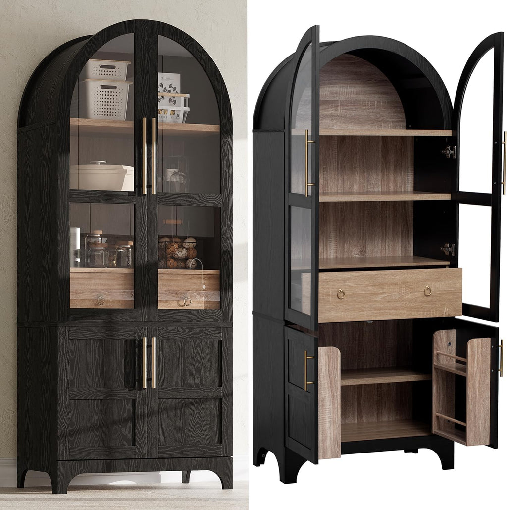 71'' Tall Arched Cabinet with Glass Doors, Farmhouse Kitchen Pantry Cabinet with Storage, China Cabinets with Adjustable Shelves, Hidden Drawer, Cupboard for Dining Room, Living Room (Black)