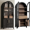 71'' Tall Arched Cabinet with Glass Doors, Farmhouse Kitchen Pantry Cabinet with Storage, China Cabinets with Adjustable Shelves, Hidden Drawer, Cupboard for Dining Room, Living Room (Black)
