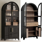 71'' Tall Arched Cabinet with Glass Doors, Farmhouse Kitchen Pantry Cabinet with Storage, China Cabinets with Adjustable Shelves, Hidden Drawer, Cupboard for Dining Room, Living Room (Black)