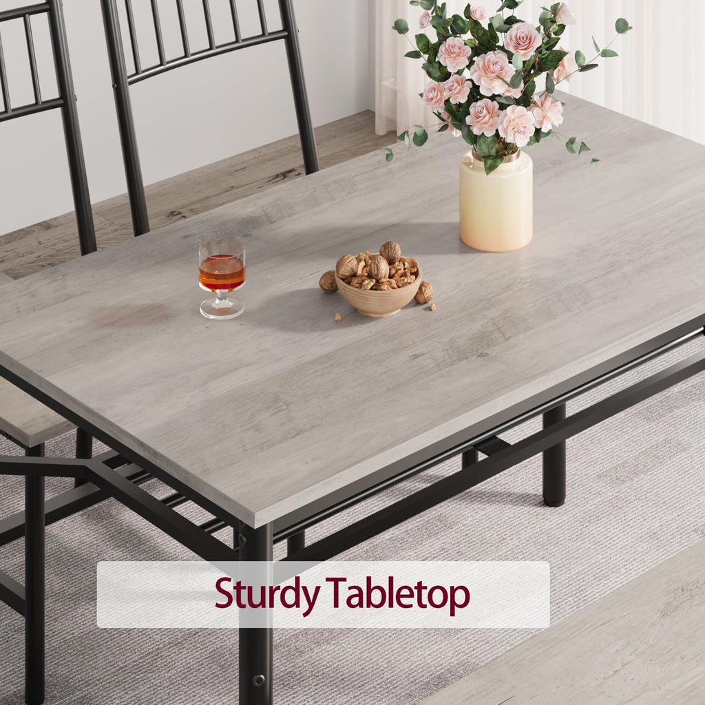 GarveeHome Dining Table Set for 4, Kitchen Table and Chairs for 4 with Wine Rack, Room Dining Table Set with Storage Benches, Rectangular Kitchen Table Set for Small Space, Apartment, Retro Gray