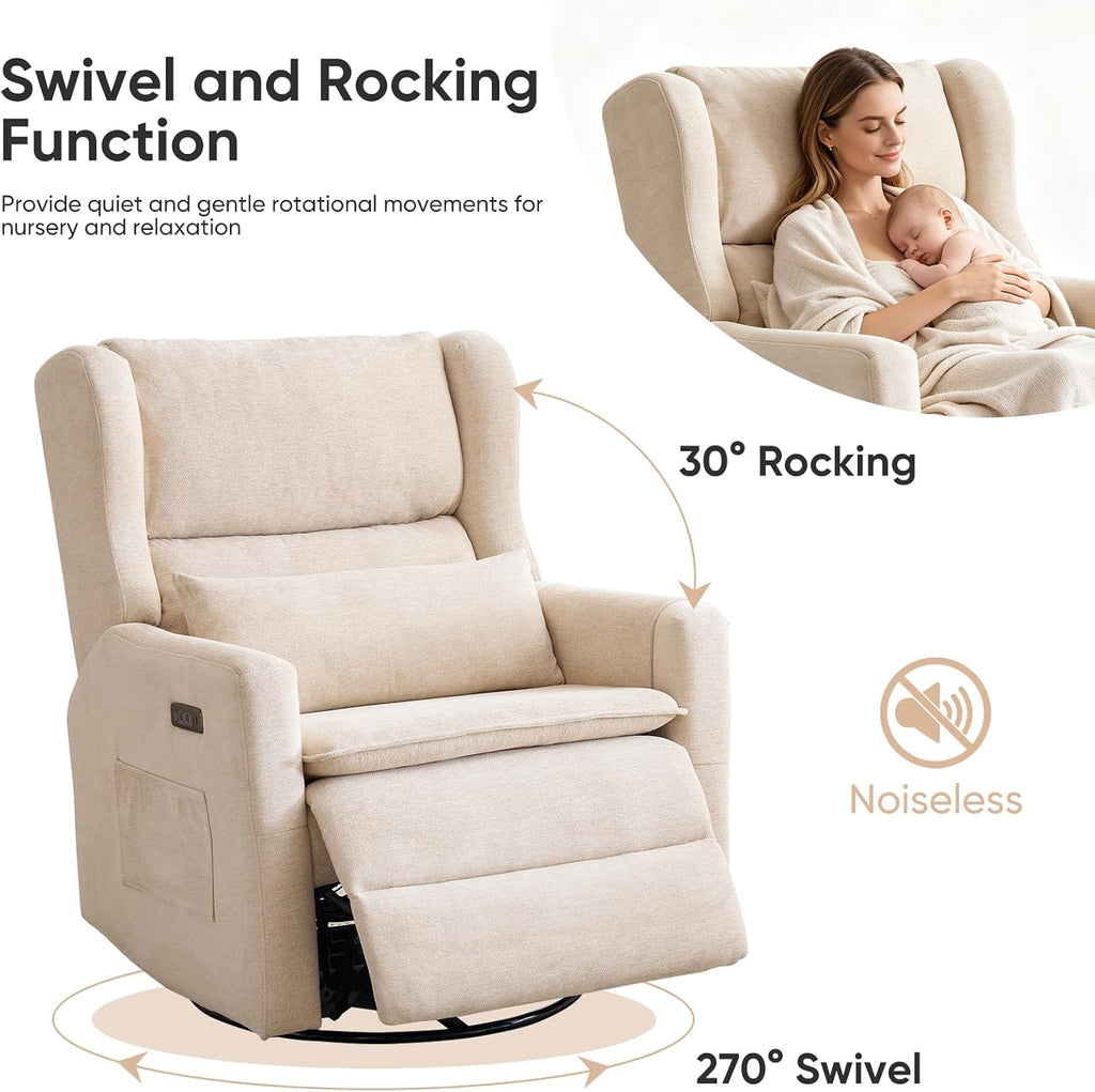 Power Recliner Chair Swivel Glider,Oversized Nursery Chair Recliner with Lumbar Support, Upholstered Swivel Rocker Recliner Chair, Glider Nursery Chair with Adjustable Headrest, Beige