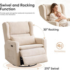 Power Recliner Chair Swivel Glider,Oversized Nursery Chair Recliner with Lumbar Support, Upholstered Swivel Rocker Recliner Chair, Glider Nursery Chair with Adjustable Headrest, Beige
