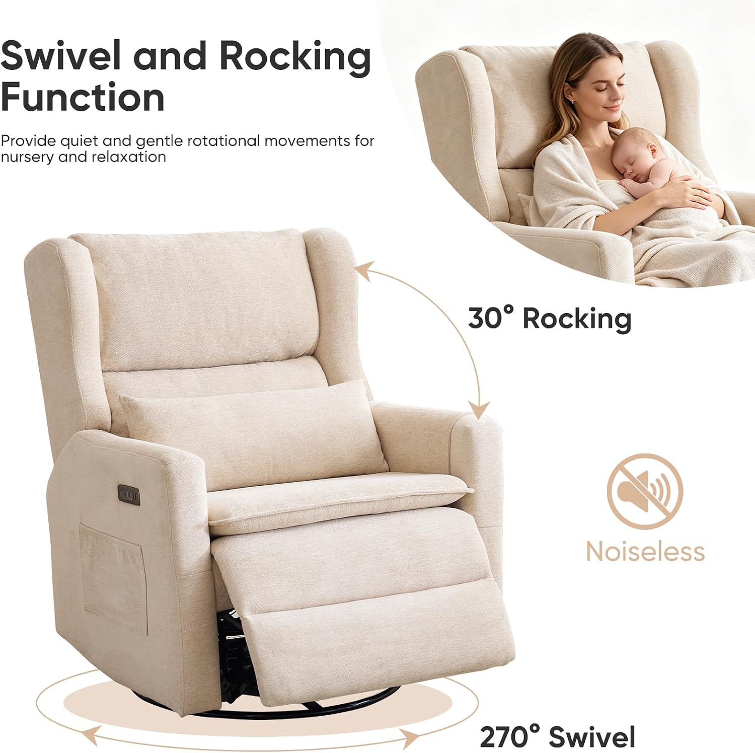 Power Recliner Chair Swivel Glider,Oversized Nursery Chair Recliner with Lumbar Support, Upholstered Swivel Rocker Recliner Chair, Glider Nursery Chair with Adjustable Headrest, Beige