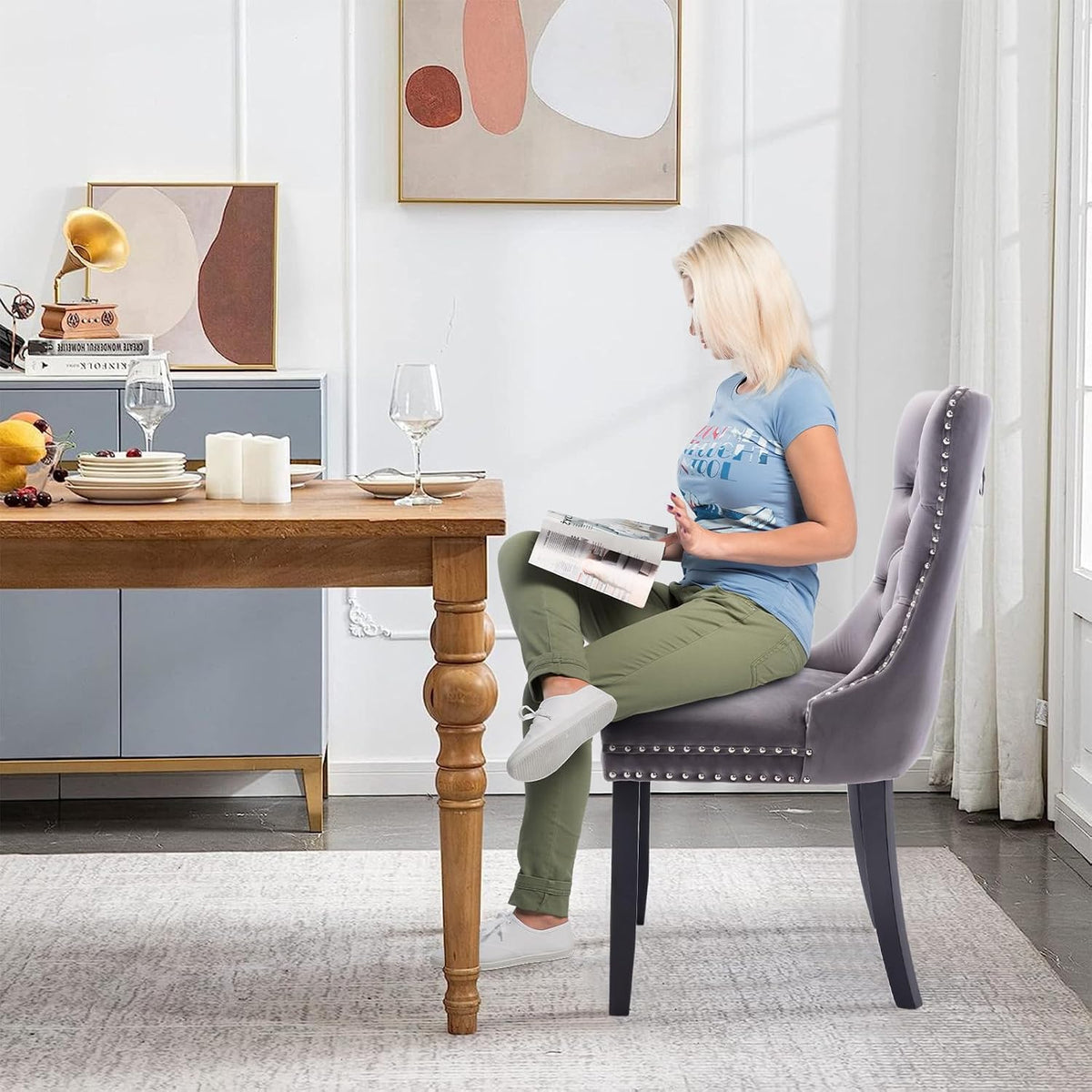 Velvet Dining Chairs Set of 2,Upholstered Dining Room Chairs with Ring Pull Trim&Solid Wood Legs,Farmhouse Tufted Kitchen Chairs with Nailhead,Grey