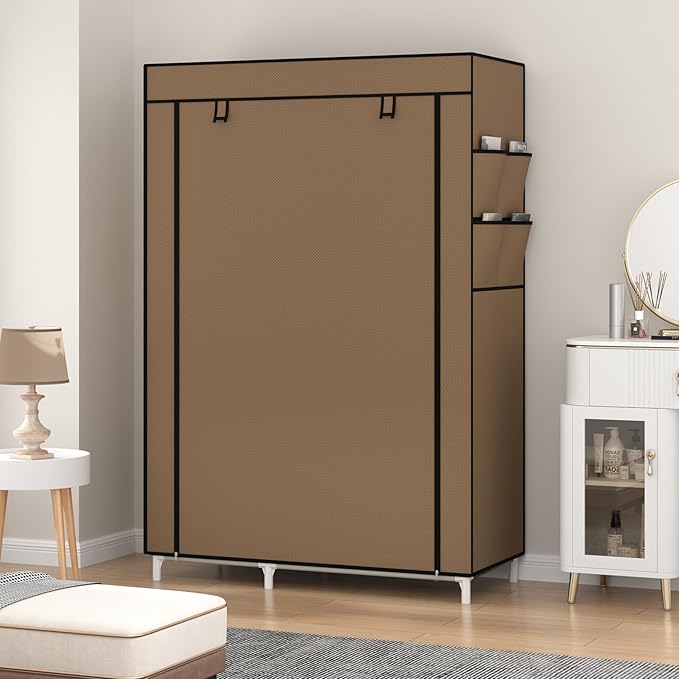 Calmootey Portable Closet Organizers, Clothing Storage, Wardrobe with 6 Shelves and Hanging Rod, Non-Woven Fabric Cover with 4 Side Pockets, Brown