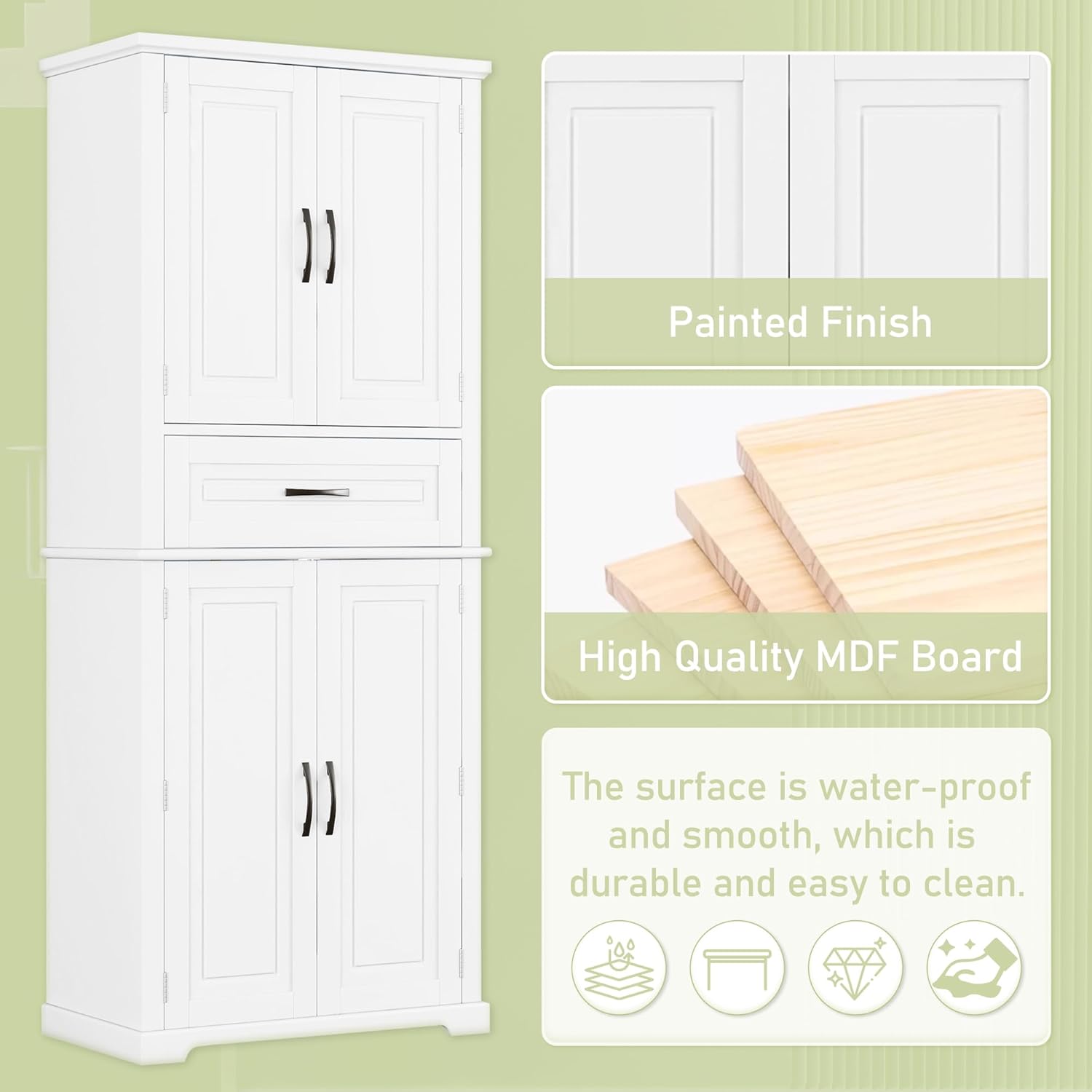 72 Inch Storage Cabinet, Tall Kitchen Pantry Cabinet with Slide Rails Drawer and Adjustable Shelf, Linen Storage Cabinet with Doors and Functional Storage Rack, for Bathroom or Kitchen, White