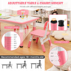 KOTEK Kids Table and Chairs Set of 4, Height Adjustable Children Activity Table & Play Table with Graffiti Desktop, Toddler Table and Chair Set for Daycare, Playroom, Home, Preschool (Pink)
