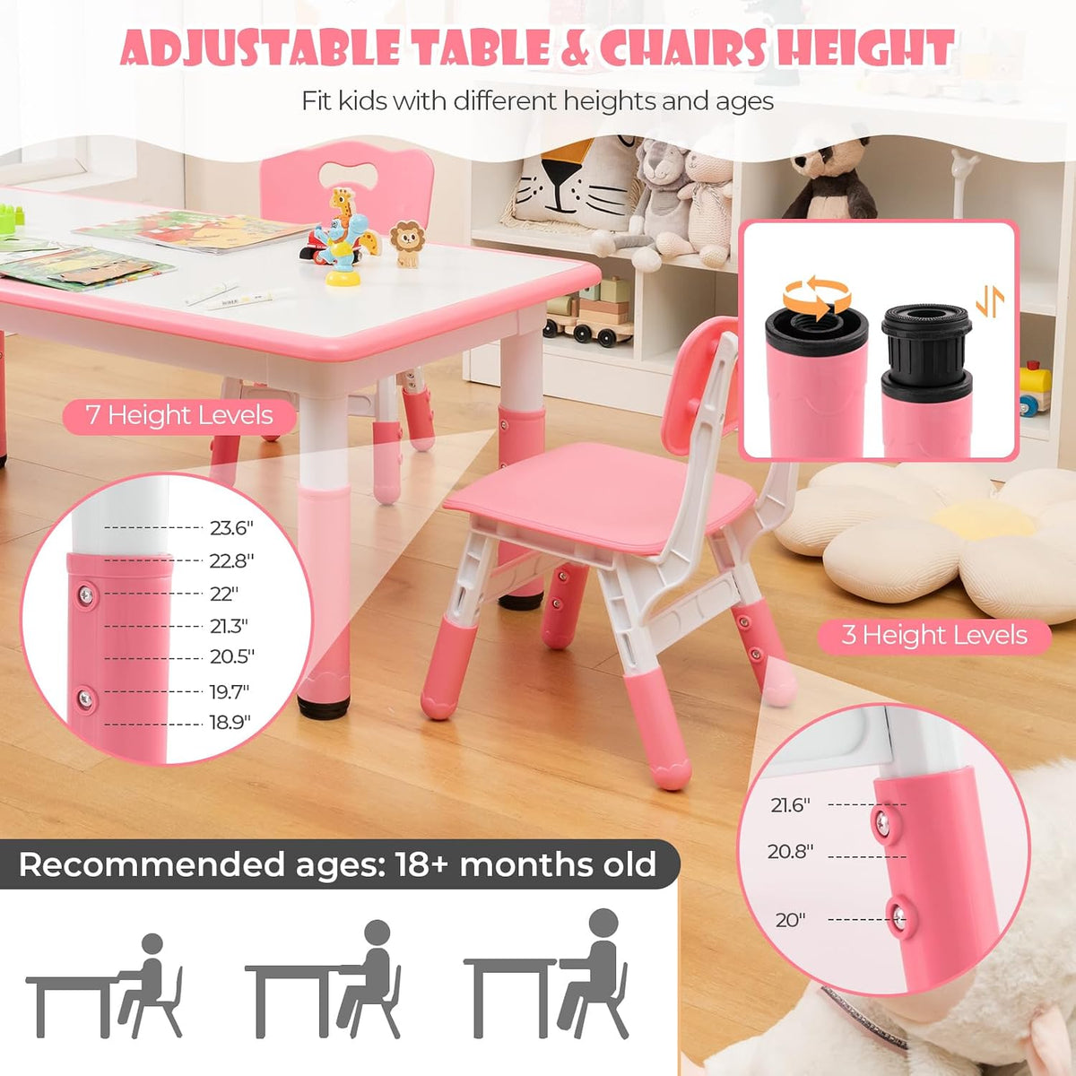 KOTEK Kids Table and Chairs Set of 4, Height Adjustable Children Activity Table & Play Table with Graffiti Desktop, Toddler Table and Chair Set for Daycare, Playroom, Home, Preschool (Pink)