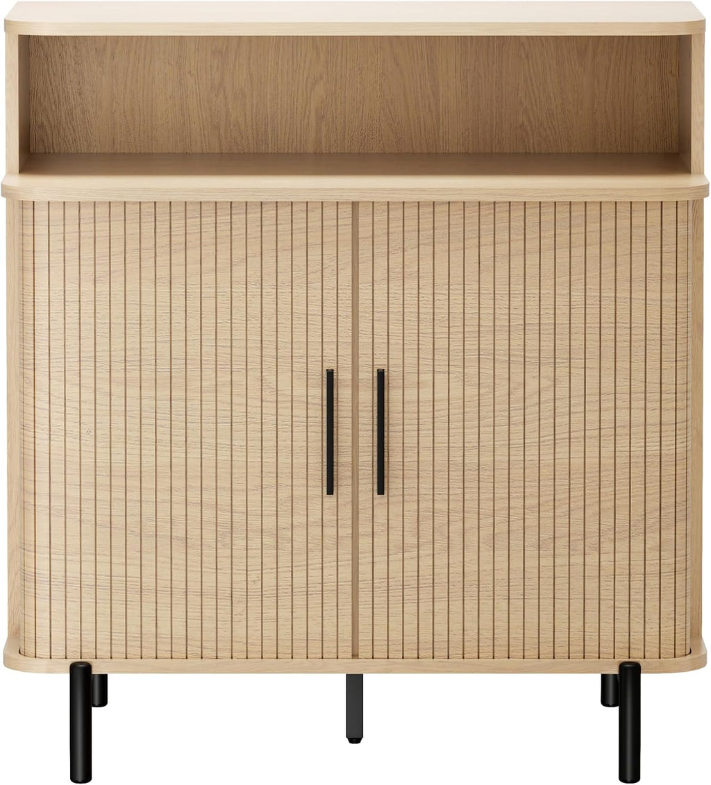 SUNCOZE Buffet Sideboard Cabinet with Big Storage Space, Fluted Coffee Bar Cabinet with Shelves, Modern Wood Console Cabinet for Kitchen, Entryway & Living Room (Wood)