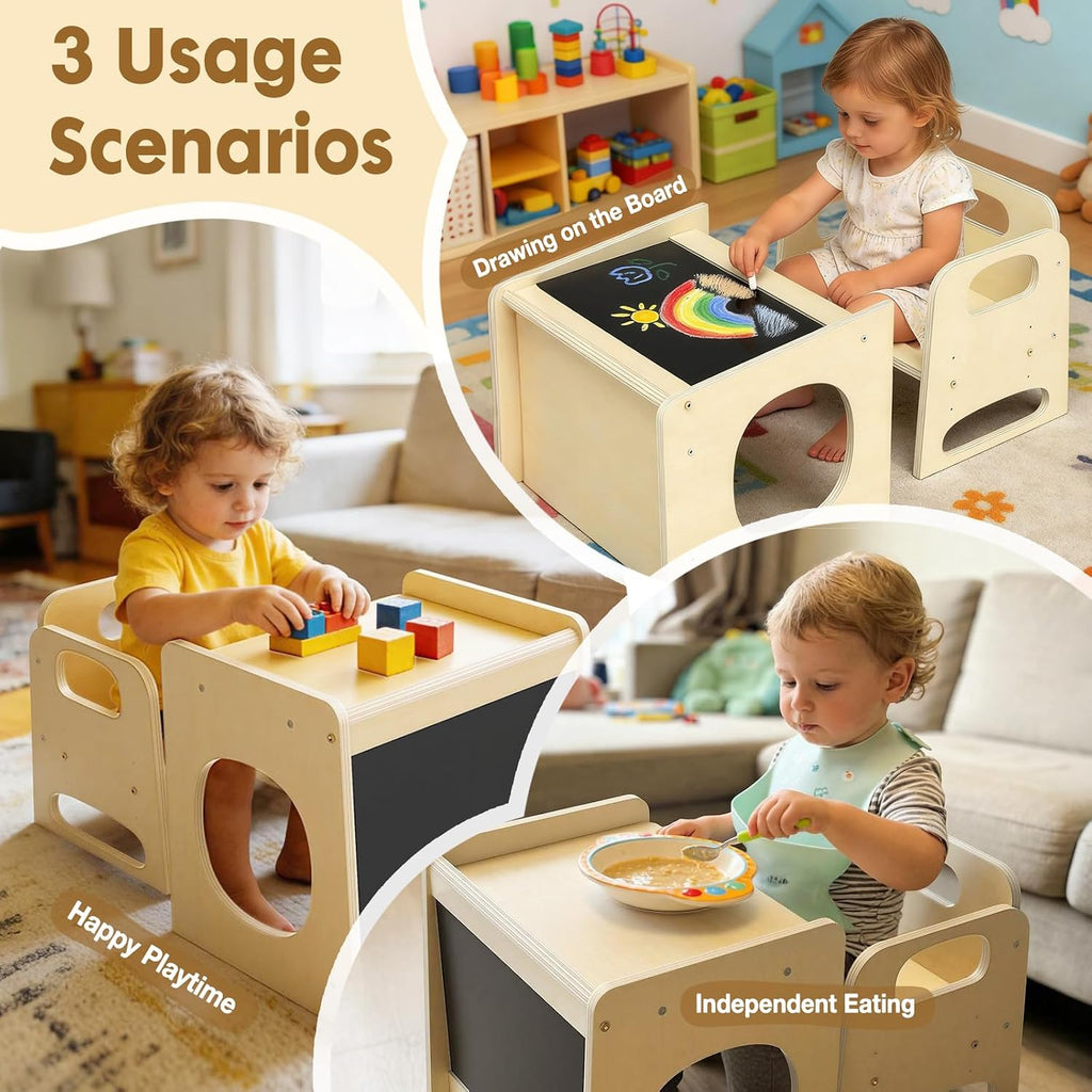 GVOO Montessori Weaning Table and Chair Set, 3 Adjustable Height Toddler Table and Chair Set, for Eating, Reading, Baby Proofing Design, Natural White