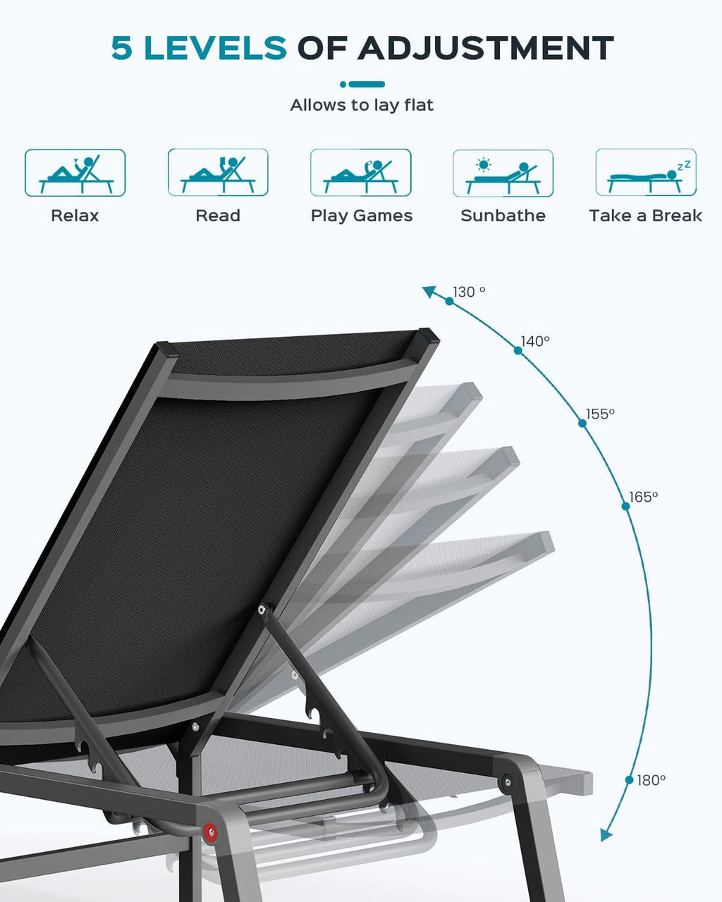 Ciokea Aluminum Chaise Lounge Ourdoor, Foldable & Assemble Free Outdoor Lounge Chair with 5 Adjustable Backrest, Patio Lounge Chair for Outside Poolside Beach Pool, Black