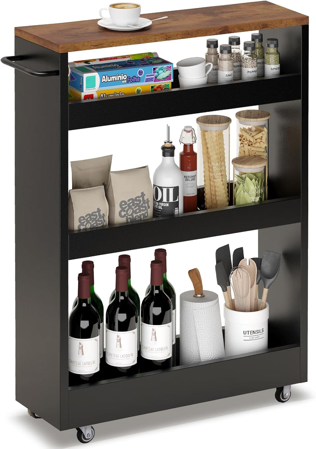 TEAMIX Wood 4-Tier Slim Rolling Storage Cart, 7.9"W, 24.8"D, 36.7"H, Black | Height Adjustable, 360°Swivel Wheels, Deeper & Taller, Use as Narrow Kitchen Cart, Laundry Organizer Between Washer & Dryer