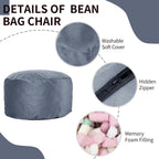 3 Feet Bean Bag Chair, Memory Foam Filled, Removable Cover, Bean Bag Chairs for Adults and Teens, Grey