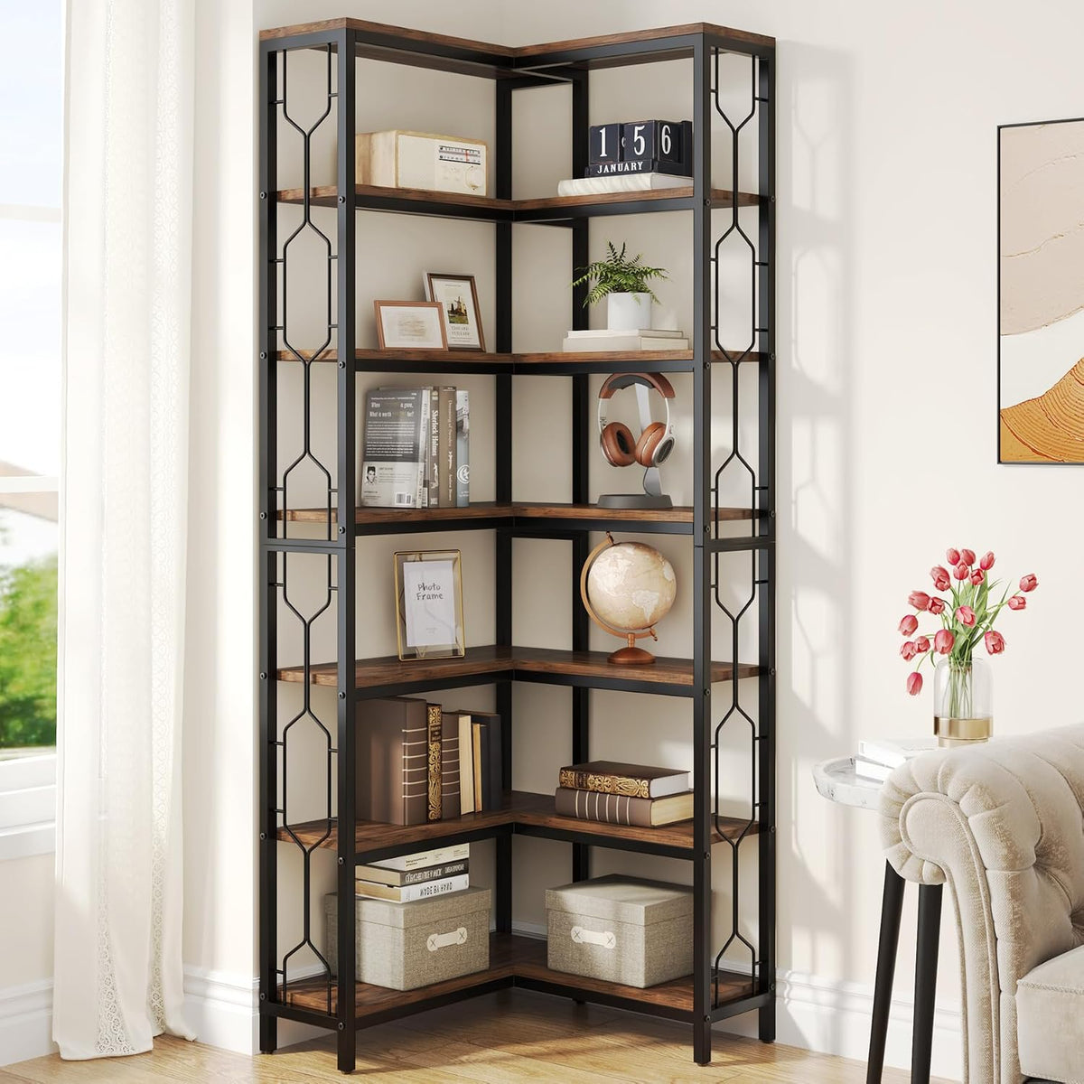 Tribesigns Corner Shelf, 7-Tier Industrial Corner Bookshelf and Bookcase | Freestanding Display Shelf for Living Room, Wood and Metal Corner Book Shelves, Corner Bookcase for Home Office, Rustic Brown