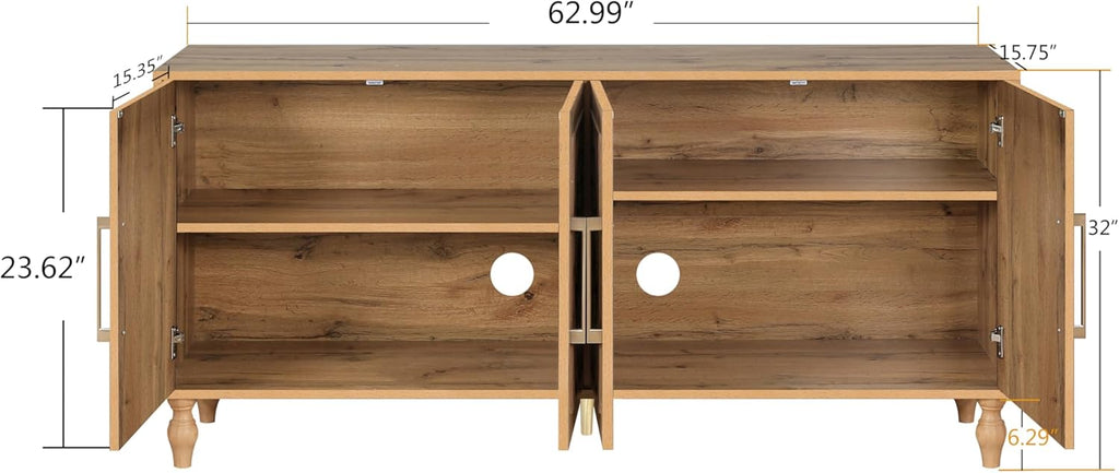 Sideboard Buffet 63" Credenzas for Living Room, Entryway Table with Storage Cabinet Natural Wood Color, Carved Flowers Doors & Cable Holes