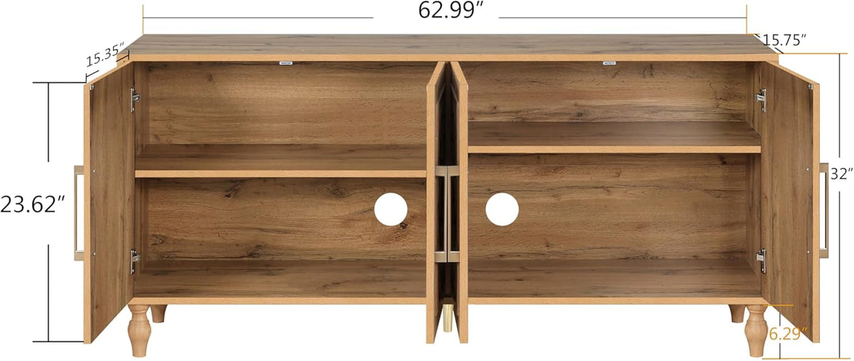 Sideboard Buffet 63" Credenzas for Living Room, Entryway Table with Storage Cabinet Natural Wood Color, Carved Flowers Doors & Cable Holes