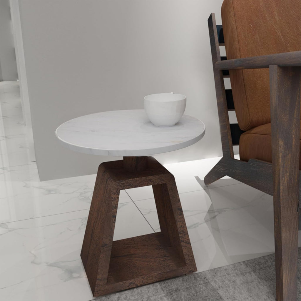 Port Blair Side End Table, 16.5 Inch Height, Round White Genuine Marble Top, Handcrafted Mango Wood Base, Modern Accent Table for Living Room, Bedroom, Entryway and Home Decor Display