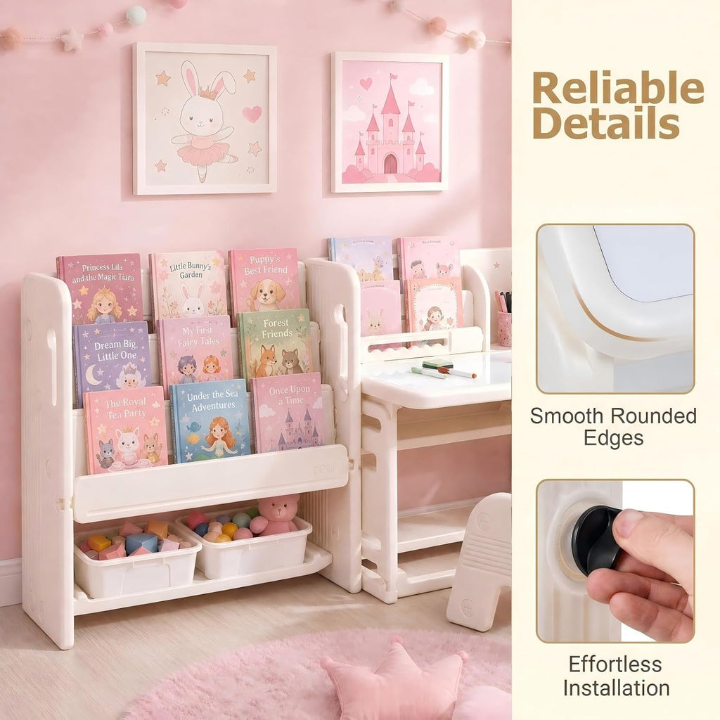 HONEY JOY Kids Table and Chair Set, Kids Art Table with Side Bookshelves | Toddler Activity Table with Erasable Whiteboard, Tiltable Desktop & Storage Baskets, for 3+ Years Old Boys & Girls