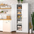 Polup 71" White Metal Kitchen Pantry Storage Cabinet with Doors and Shelves | Tall Freestanding Cupboard, 5-Tier Heavy Duty, 4 Adjustable Shelving, Gold Handles, for Garage, Dining Living Room, Office