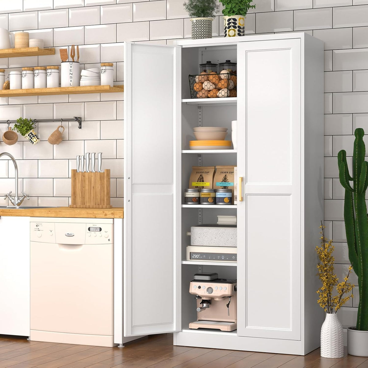 Polup 71" White Metal Kitchen Pantry Storage Cabinet with Doors and Shelves | Tall Freestanding Cupboard, 5-Tier Heavy Duty, 4 Adjustable Shelving, Gold Handles, for Garage, Dining Living Room, Office