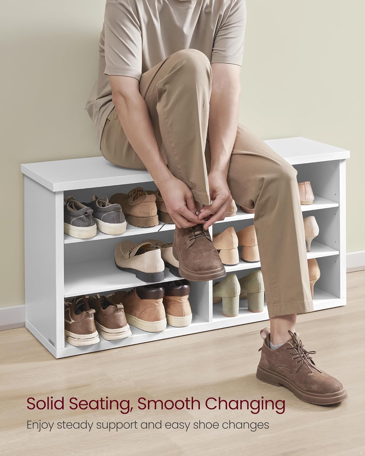 VASAGLE Shoe Bench, Storage Bench, 6 Compartments, Adjustable Shelves, for Living Room, Entryway, Dorm, 11.6 x 39.4 x 19.7 Inches, Cloud White ULSB036W01