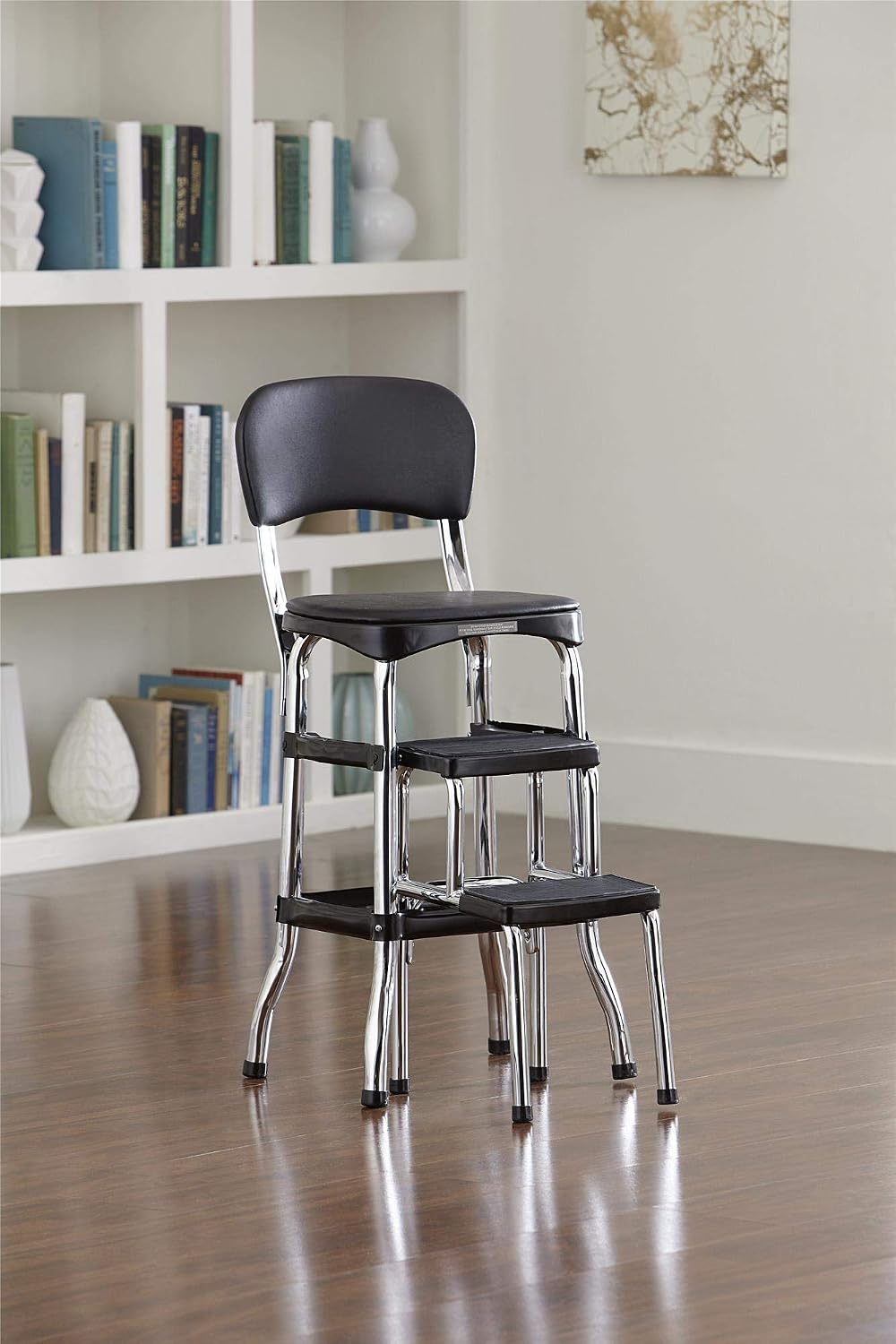 COSCO Retro Plastic & Vinyl Upholstered Stylair Retro Counter Height Chair with Step Stool, Comfortable Cushioned Seat and Back, in Black & Chrome Finish