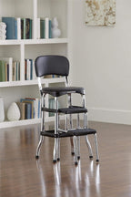 COSCO Retro Plastic & Vinyl Upholstered Stylair Retro Counter Height Chair with Step Stool, Comfortable Cushioned Seat and Back, in Black & Chrome Finish