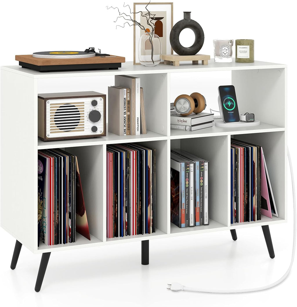 LOKO Large Record Player Stand, Vinyl Record Holder with Built-in Power Outlet, Open Shelves & Compartments, Turntable Display Stand for Living Room, Bedroom, Office (White)