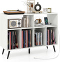 LOKO Large Record Player Stand, Vinyl Record Holder with Built-in Power Outlet, Open Shelves & Compartments, Turntable Display Stand for Living Room, Bedroom, Office (White)