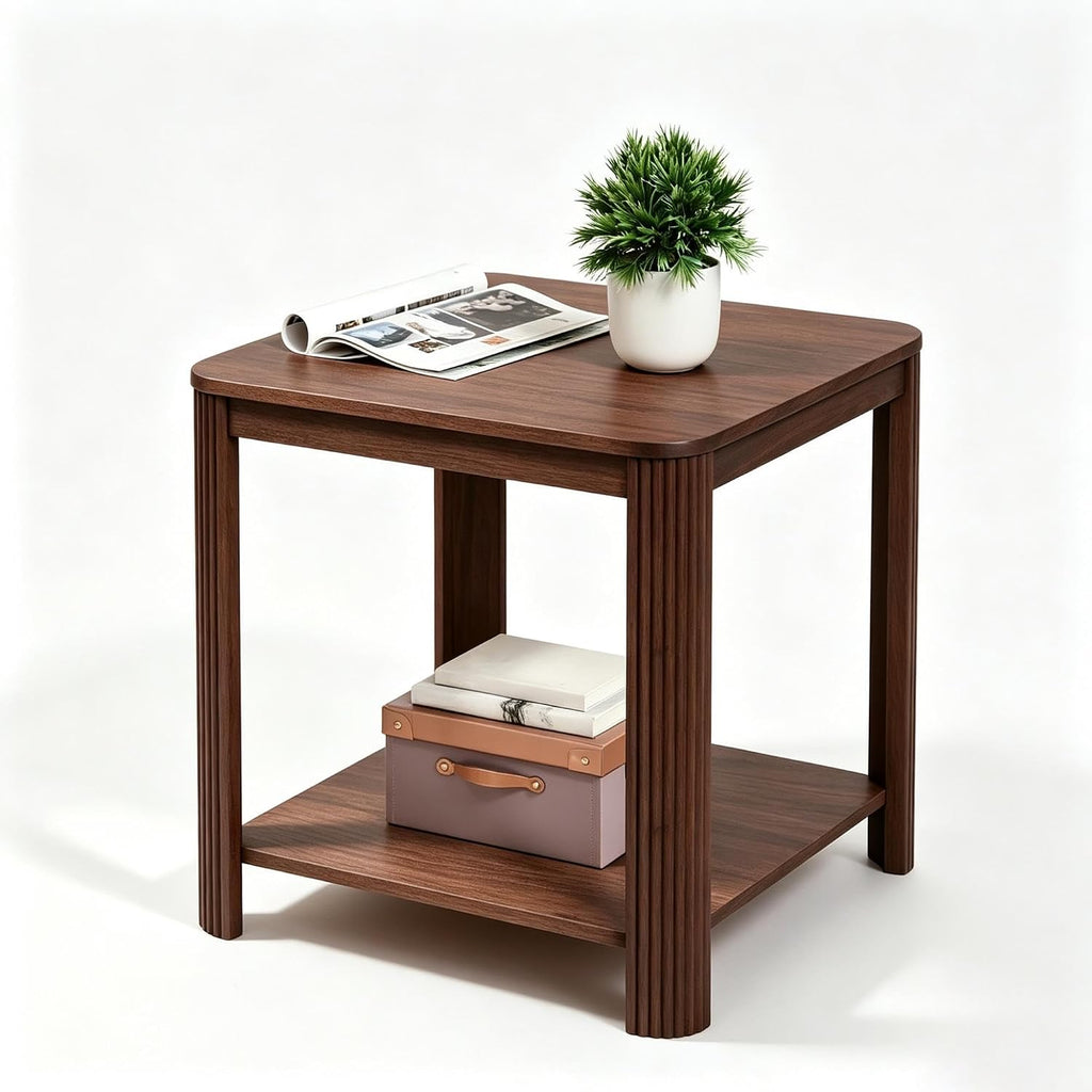 Boho Wave Engineered Wood End Table with 2-Tier Open Storage Shelf, Sturdy Load-Bearing Structure and Safety Rounded Corner Design(Walnut)