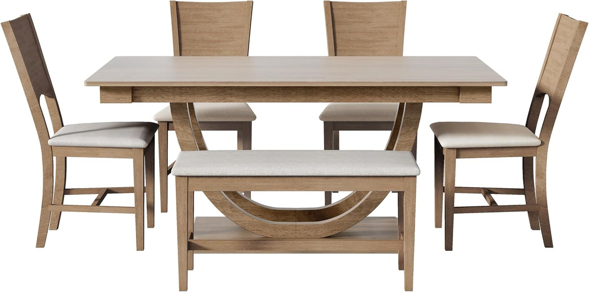LUMISOL 6-Piece Dining Table Set with Bench and 4 Chairs, Wood Half Round Kitchen Table Set for 6 People, Modern Style, Brown