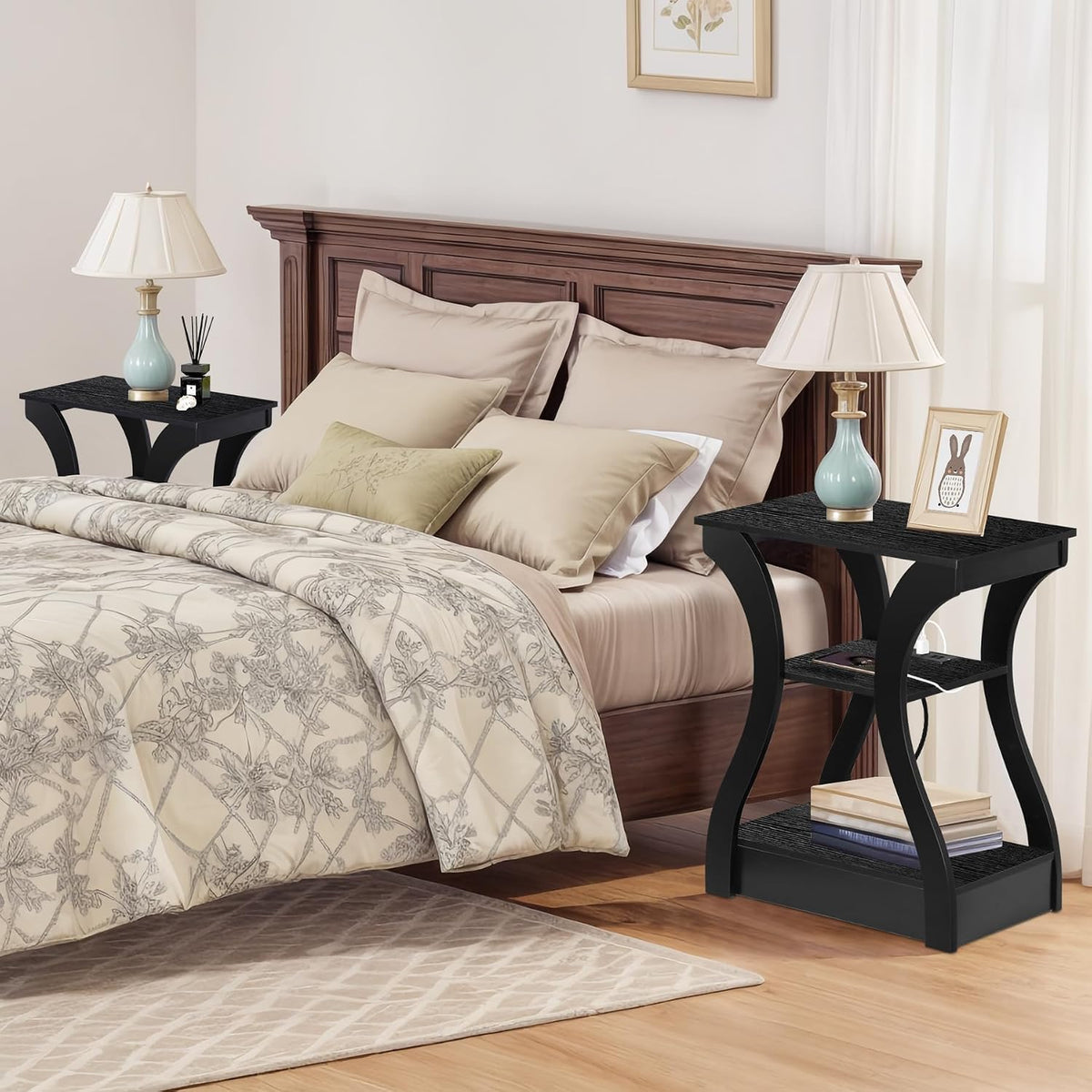 ZENY End Tables Set of 2 with Charging Station, Side Table with USB Ports and Outlets, 3 Tier Nightstand with Storage Shelf for Living Room, Bedroom, Black