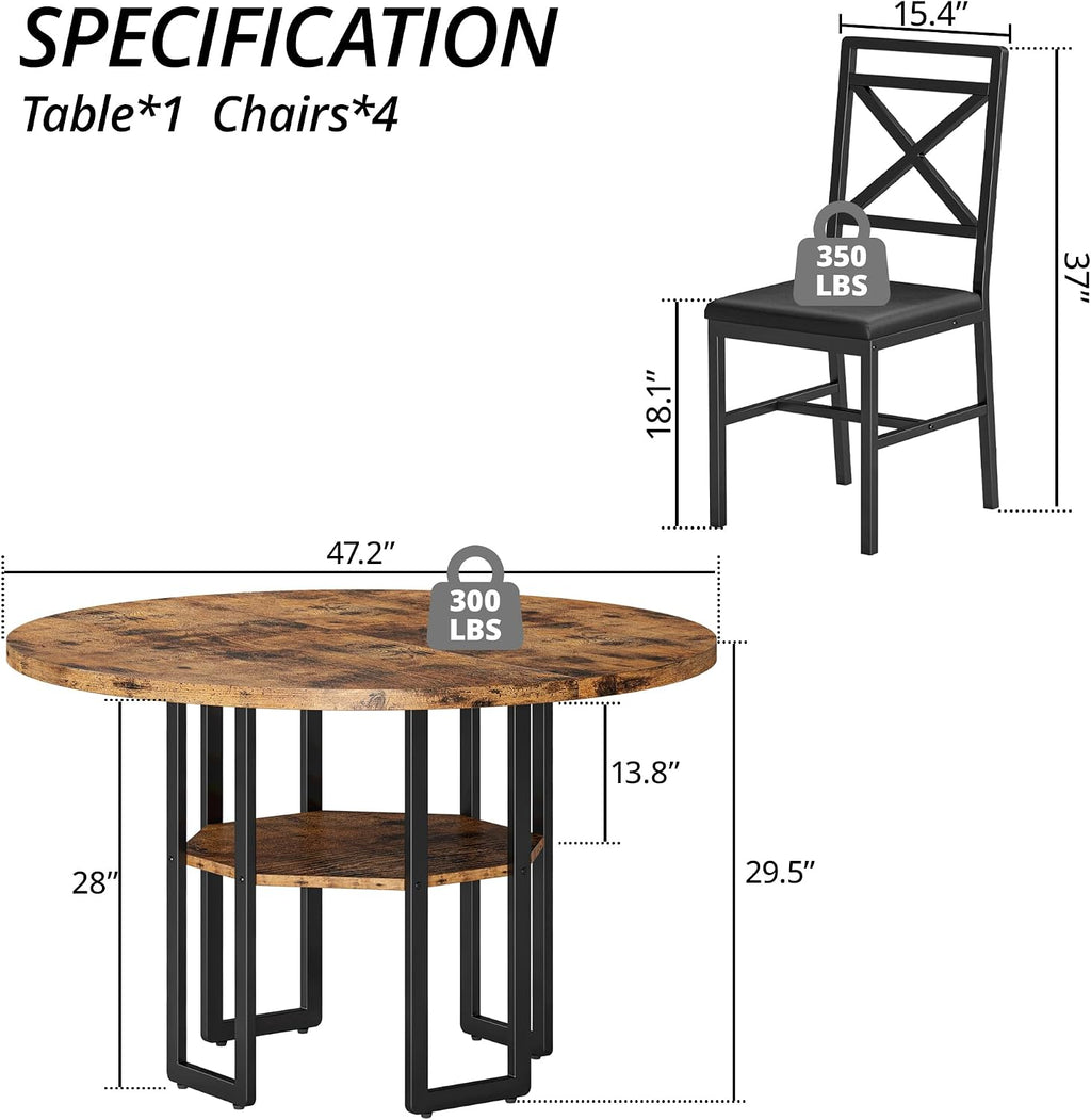 IRONCK Dining Table Set for 4, Round Dining Table and Chairs, Kitchen Table and Chairs for 4, 47 inch Cirecle Dining Room Table with 4 Chairs for Small Space