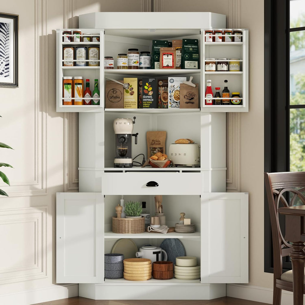 74"Corner Cabinet with Charging Station,Kitchen Pantry Storage Cabinet with Drawer,Freestanding Kitchen Pantry Cabinets with Doors and Shelves,Farmhouse Food Hutch for Dining Room,Living Room(White)