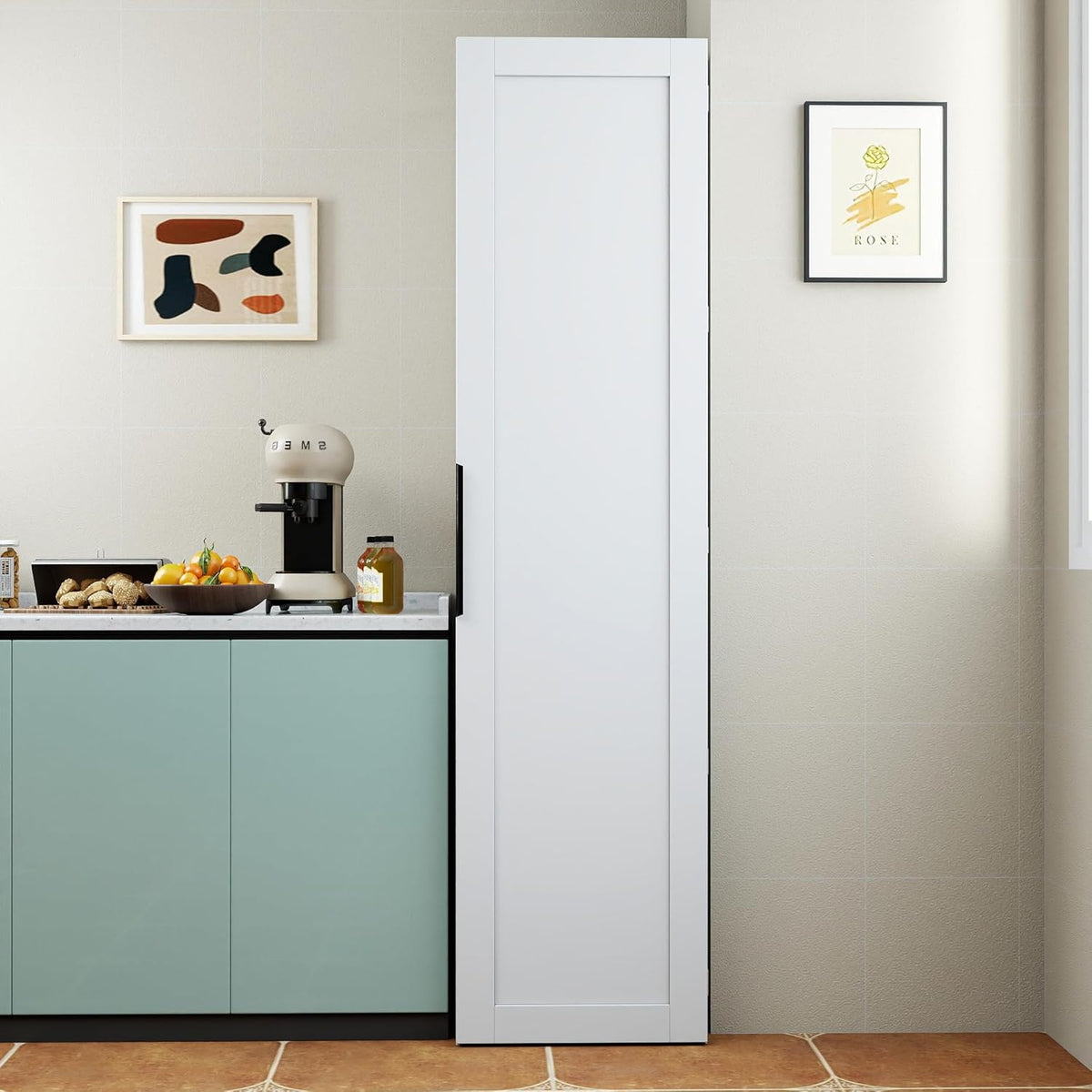 62.99''H Tall Kitchen Pantry Cabinet, Freestanding Corner Buffet Sideboard with Door Shelves and Adjustable Shelves, Narrow Storage Pantry for Kitchen Living Room Dinning Room, White