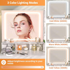 Small Vanity Desk, Vanity Desk with Mirror and Lights, Makeup Vanity Desks with Power Strip, Vanity Table with Drawers and Shelves, Adjustable Lighting, Dressing Table for Bedroom Dressing Room, White