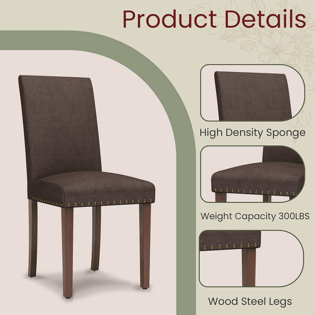TLSUNNY Upholstered Dining Chairs Set of 2/4, Tufted Parsons Design with Nail Head Trim, Solid Wood Legs and Padded Seat, Comfortable Fabric for Dining Room, Kitchen (Brown, Set of 4)