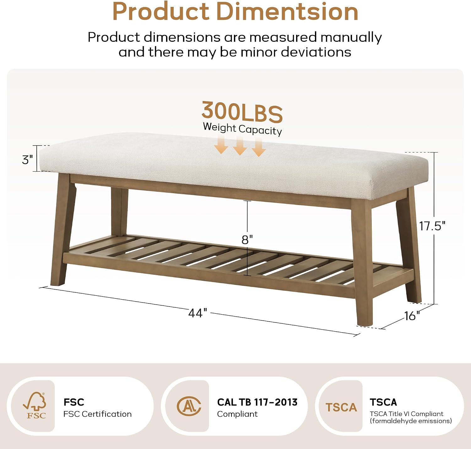 Entryway Bench with Cushion, Upholstered Shoe Rack Bench with Solid Wood Shelf, 44" End of Bed Bench for Bedroom, Chenille Fabric Storage Bench for Entryway, Hallway, Living Room (Beige)