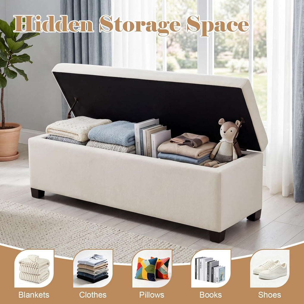 Asense 42" Storage Ottoman Bench, Large Linen Upholstered Rectangular Footstool with Safety Hinges, End of Bed Bench for Bedroom, Entryway Bench with Storage, Window Seat, Beige