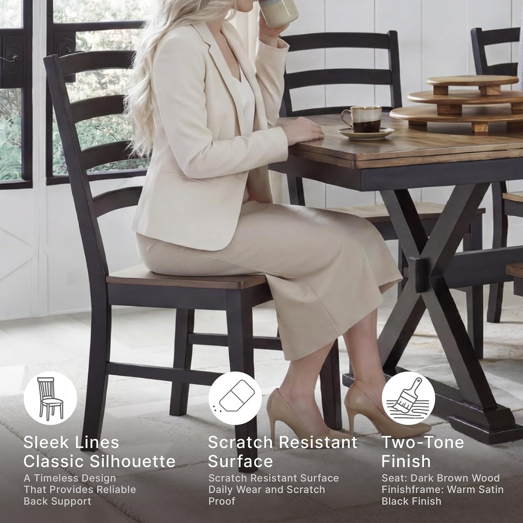 Signature Design by Ashley Wildenauer Dining Chairs Set of 2, Modern Ladderback Dining Chairs with Solid Wood Frame, Two-Tone Finish, Contoured Seat, Black/Brown | Solid wood frame, Mango veneer and MDF substrate seat, Modern ladderback, 250 lb capacity