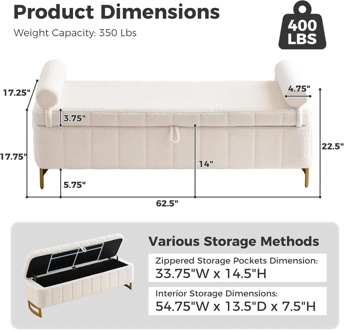 63" Storage Ottoman Bench, End of Bed Ottoman with Storage, Large Ottomans for Foot of Bed with Gold Legs and Removable Pillows for Entryway, Living Room, Teddy Cream White